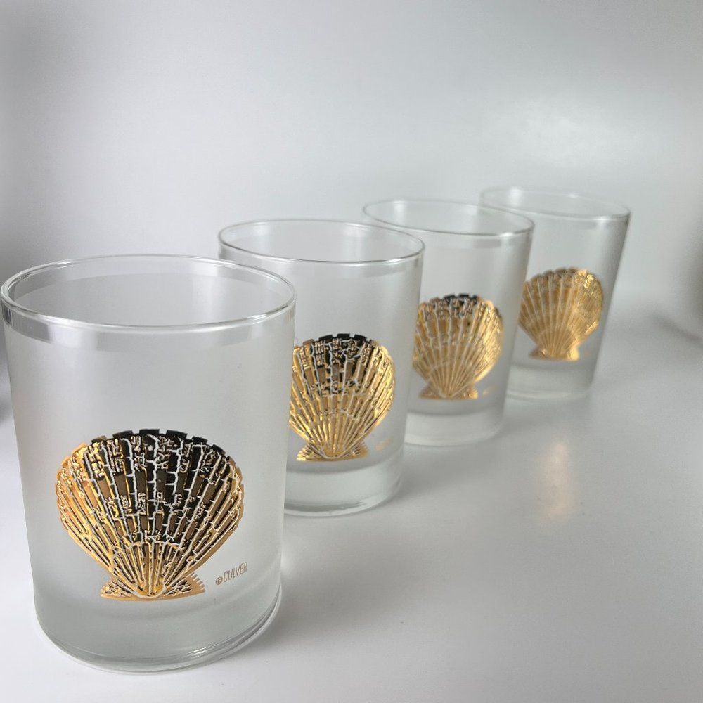 Vtg Culver Lowball Whiskey Glasses Seashell Frosted 22K Beach Nautical Lot of 4